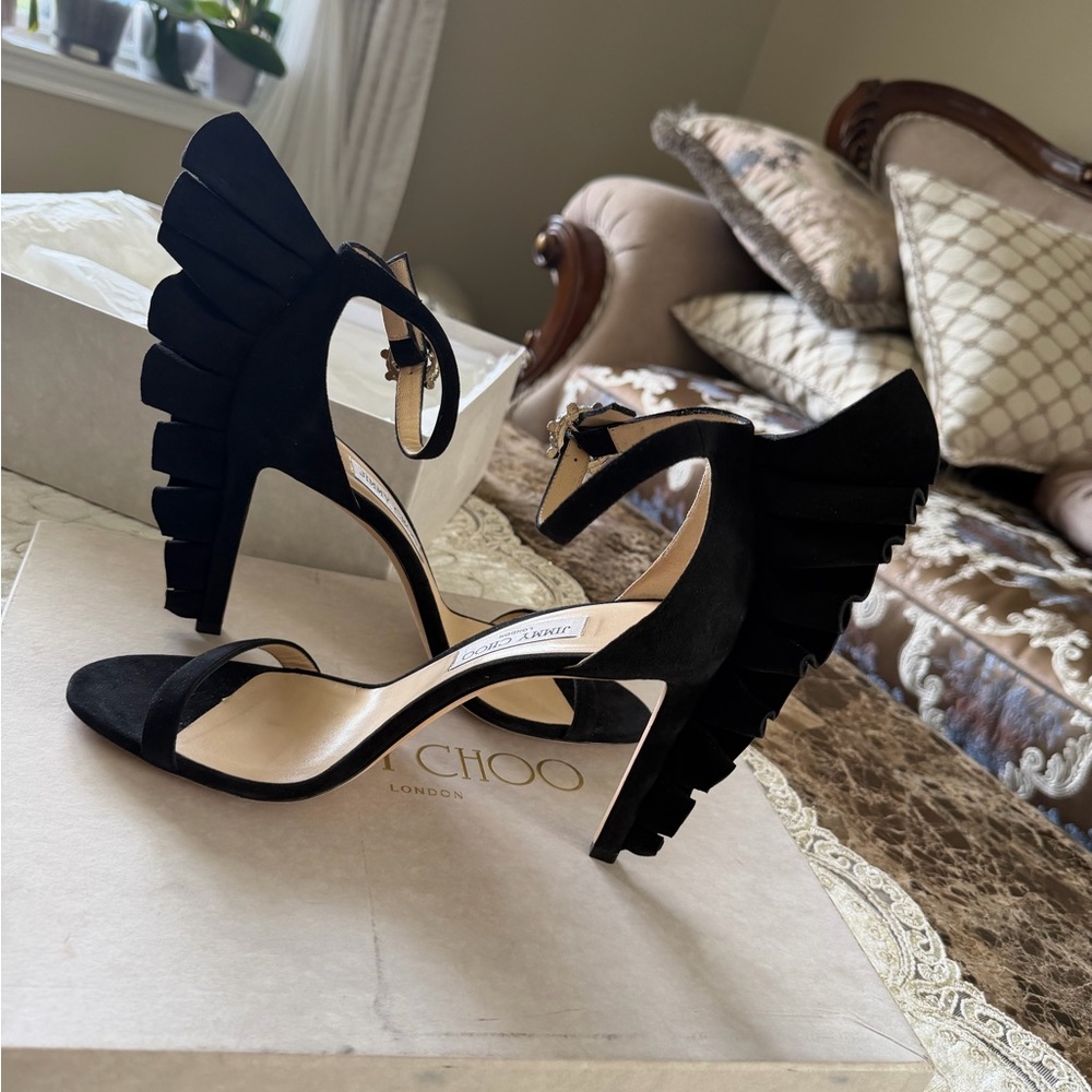 Jimmy Choo Black Suede Wingback Ankle-Strap Heels - Picture 10 of 15